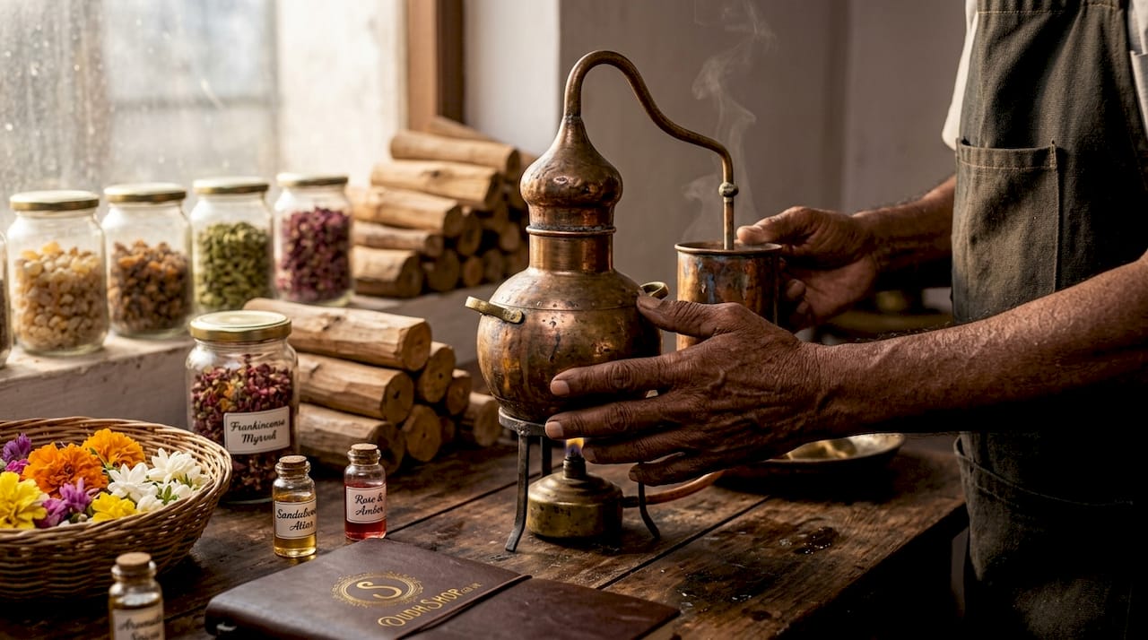 Close-up of attar distillation in traditional workshop