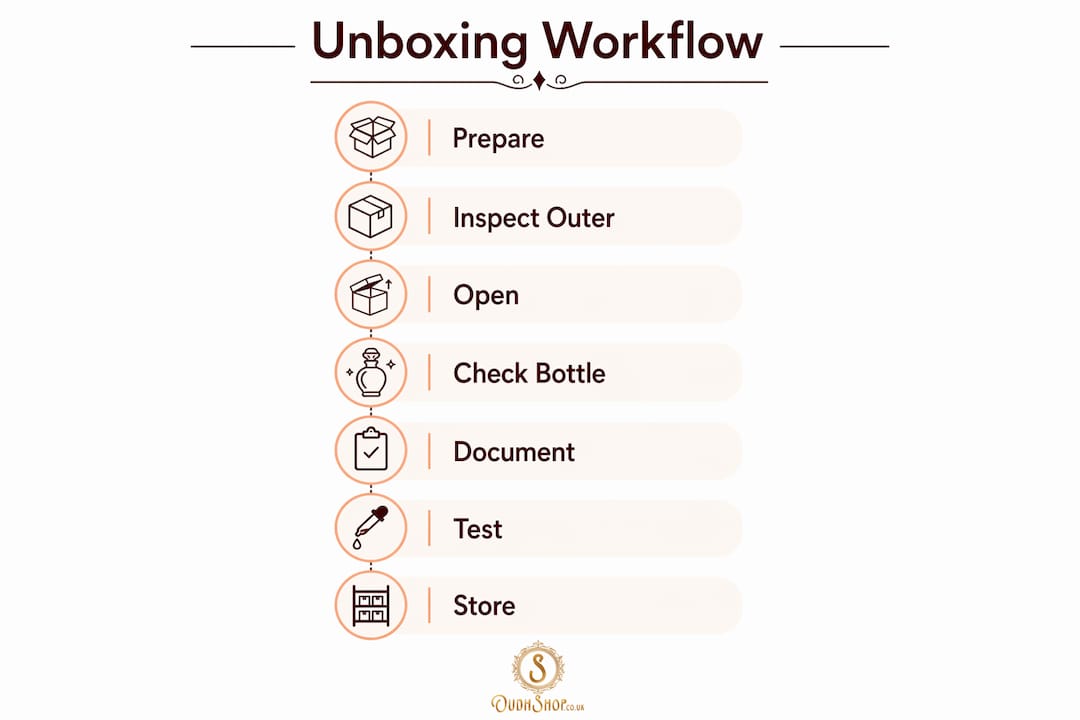 Infographic illustrating oudh perfume unboxing workflow steps