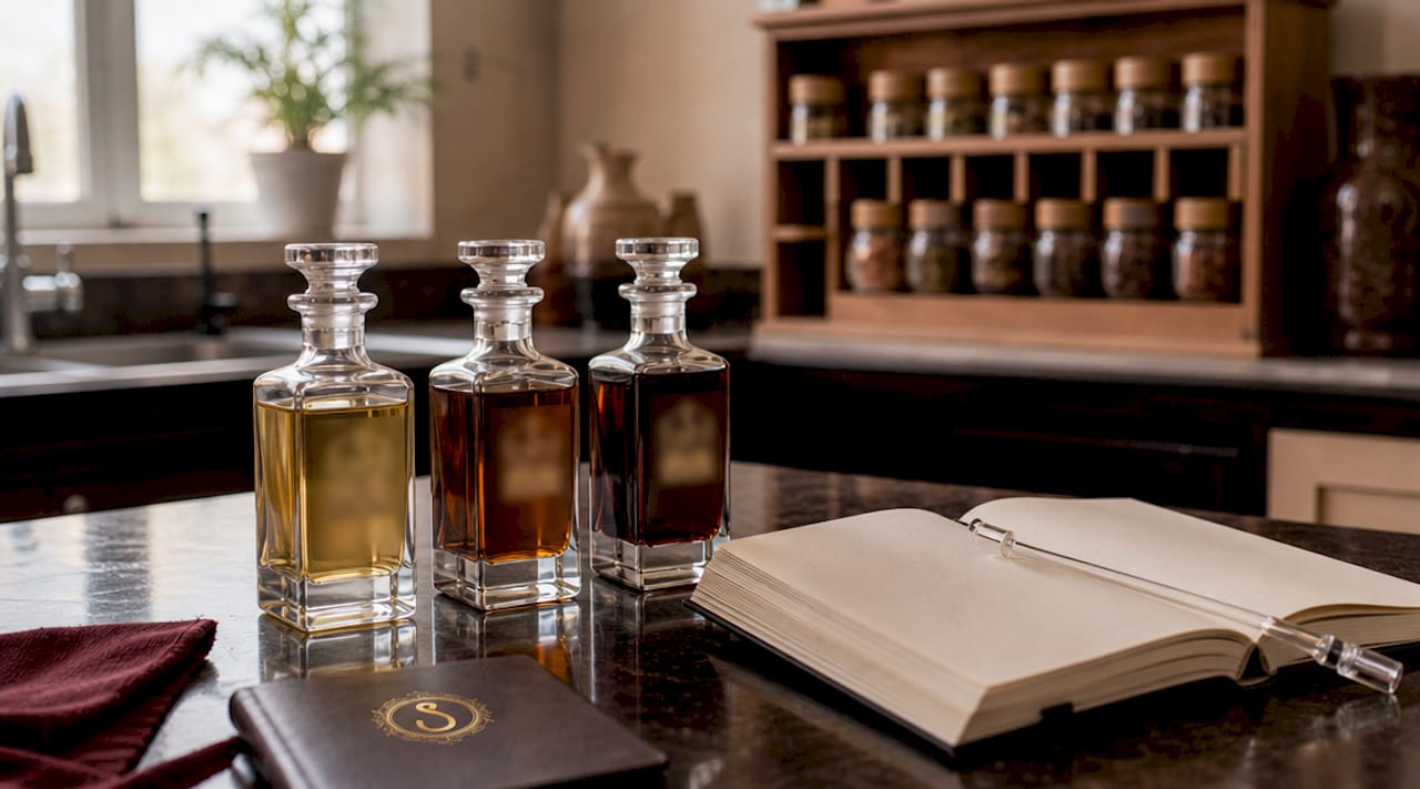 Glass containers showing fragrance note liquids