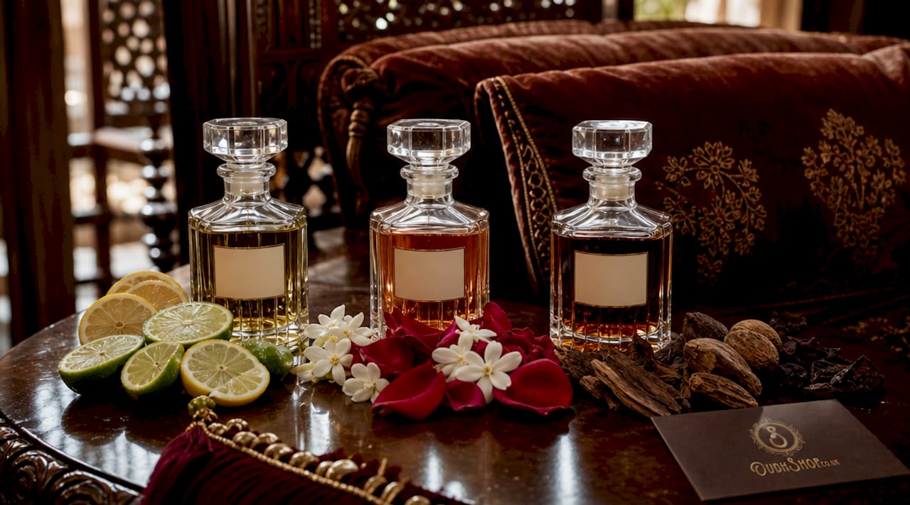 Flat lay of perfume bottles and natural fragrance ingredients