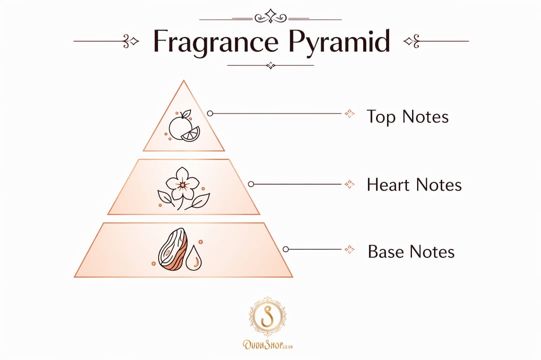 Infographic showing fragrance pyramid with top, heart, and base notes