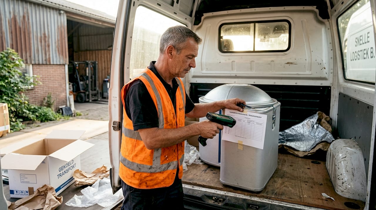 Een medewerker voert een controle uit op de gekoelde transportcontainer.