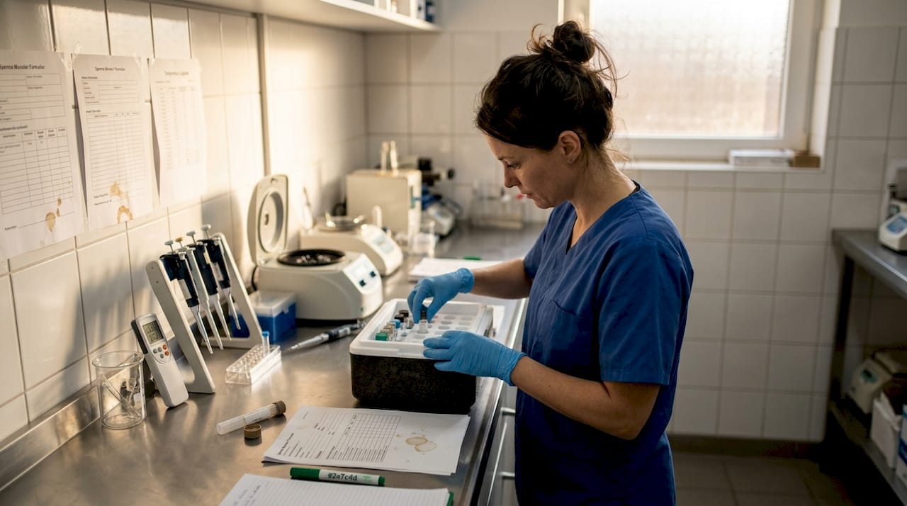 Een laborant maakt een gekoelde container met paardenzaad klaar voor gebruik.