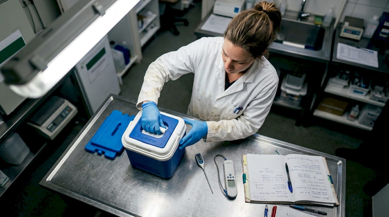 De laborant maakt de Equitainer klaar voor het vervoeren van sperma.