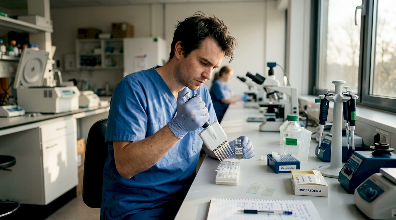In het laboratorium bewerkt de laborant sperma voor verder onderzoek.