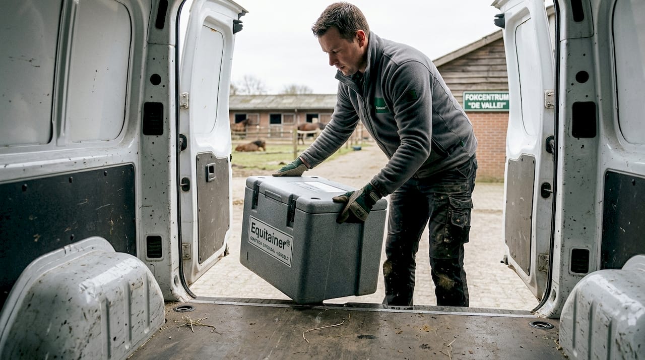 Een medewerker is bezig met het inladen van de Equitainer voor vervoer.
