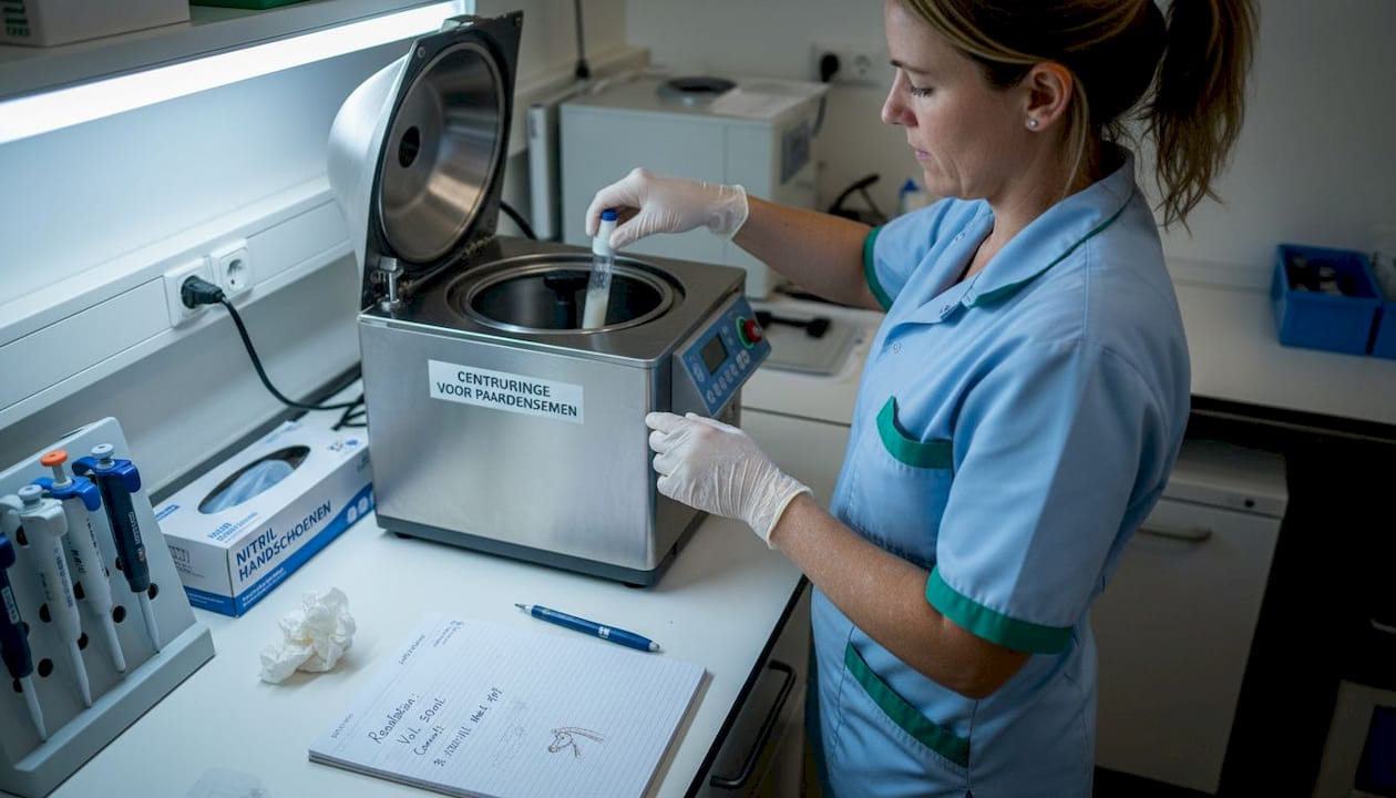 Een laborant is bezig met het verwerken van een spermasample van een paard.