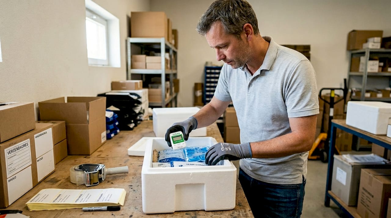 Man stopt temperatuurlogger in pakket voor verzending