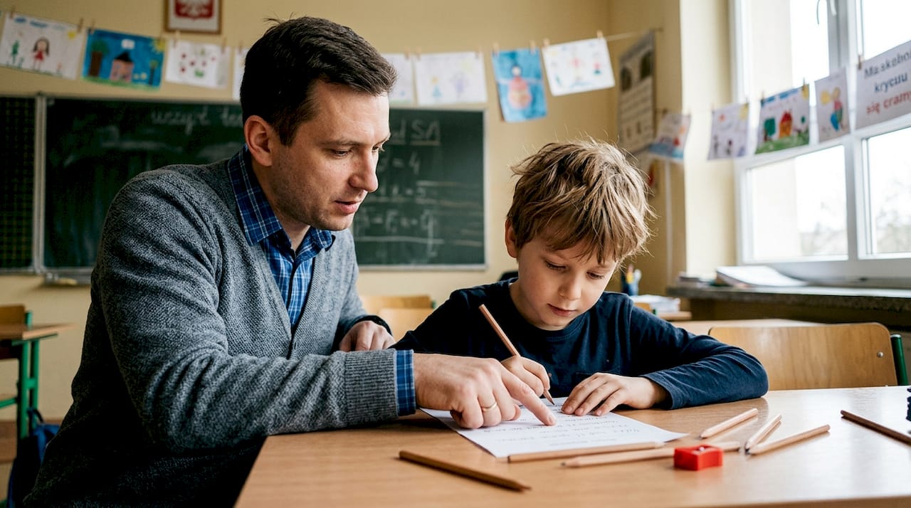 Nauczyciel służy uczniowi pomocą podczas rozwiązywania zadań.