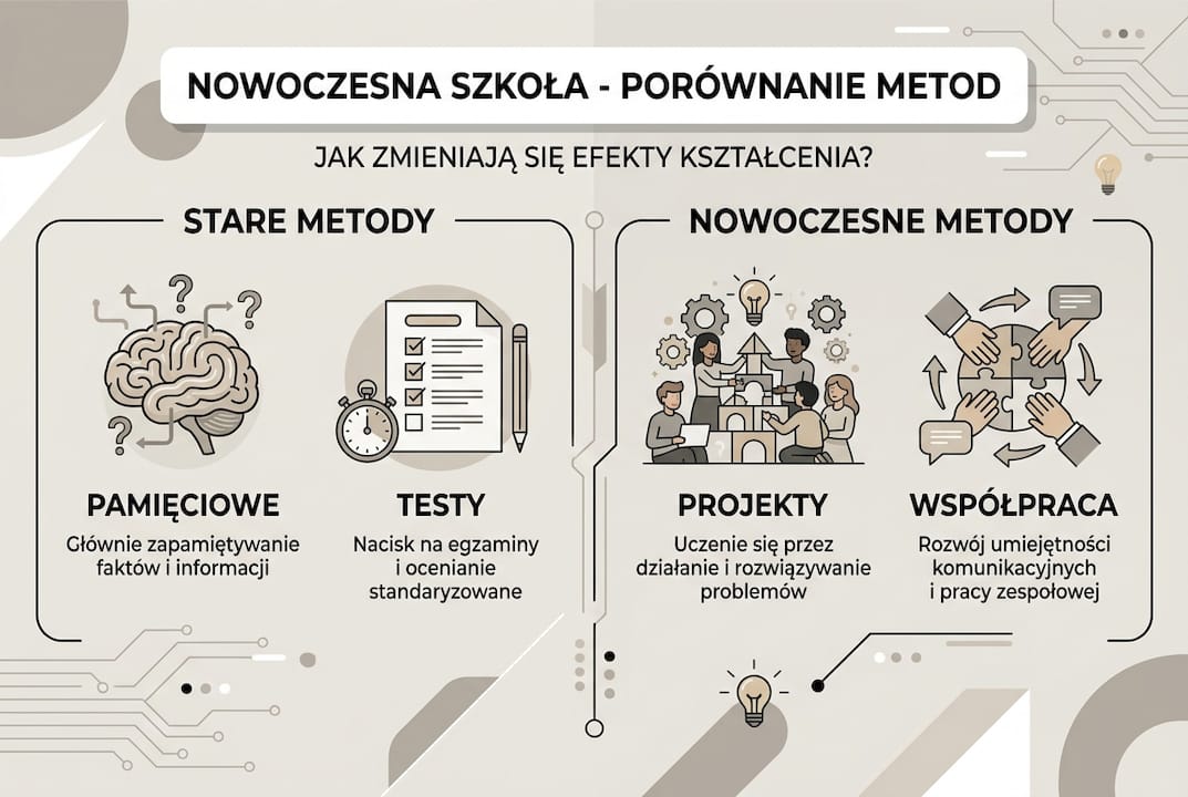 Infografika pokazująca różnice między poszczególnymi metodami nauczania stosowanymi w szkołach