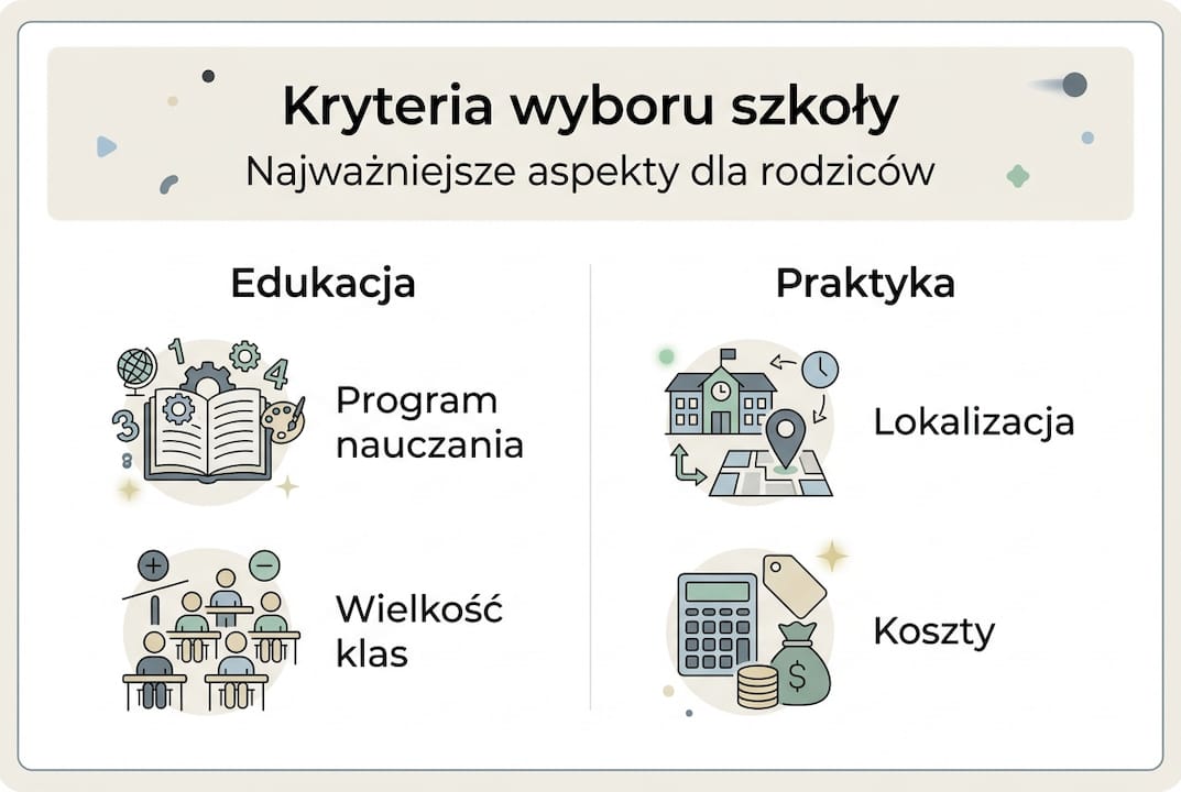 Grafika przedstawiająca najważniejsze czynniki, które warto wziąć pod uwagę przy wyborze szkoły