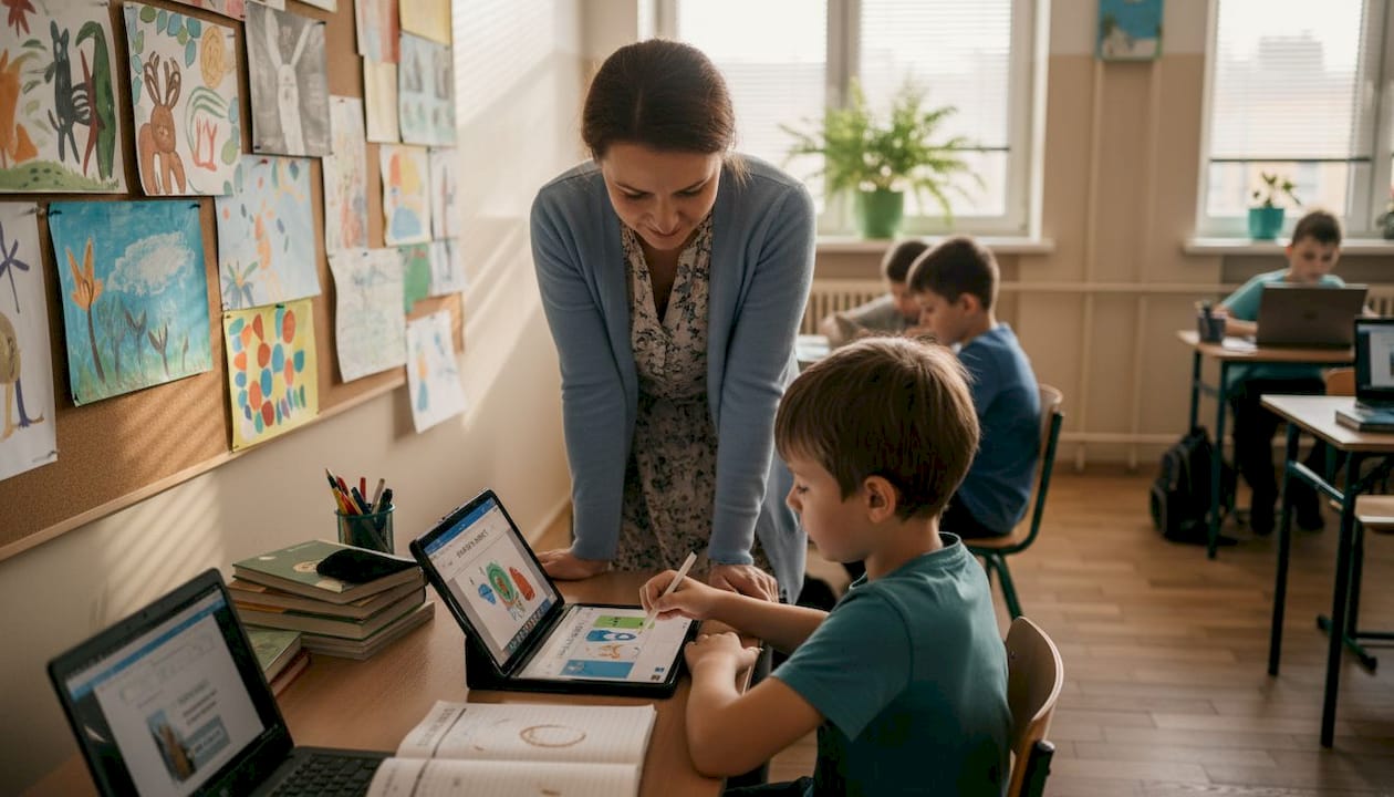 Nauczyciel wspiera ucznia w korzystaniu z nowych technologii.