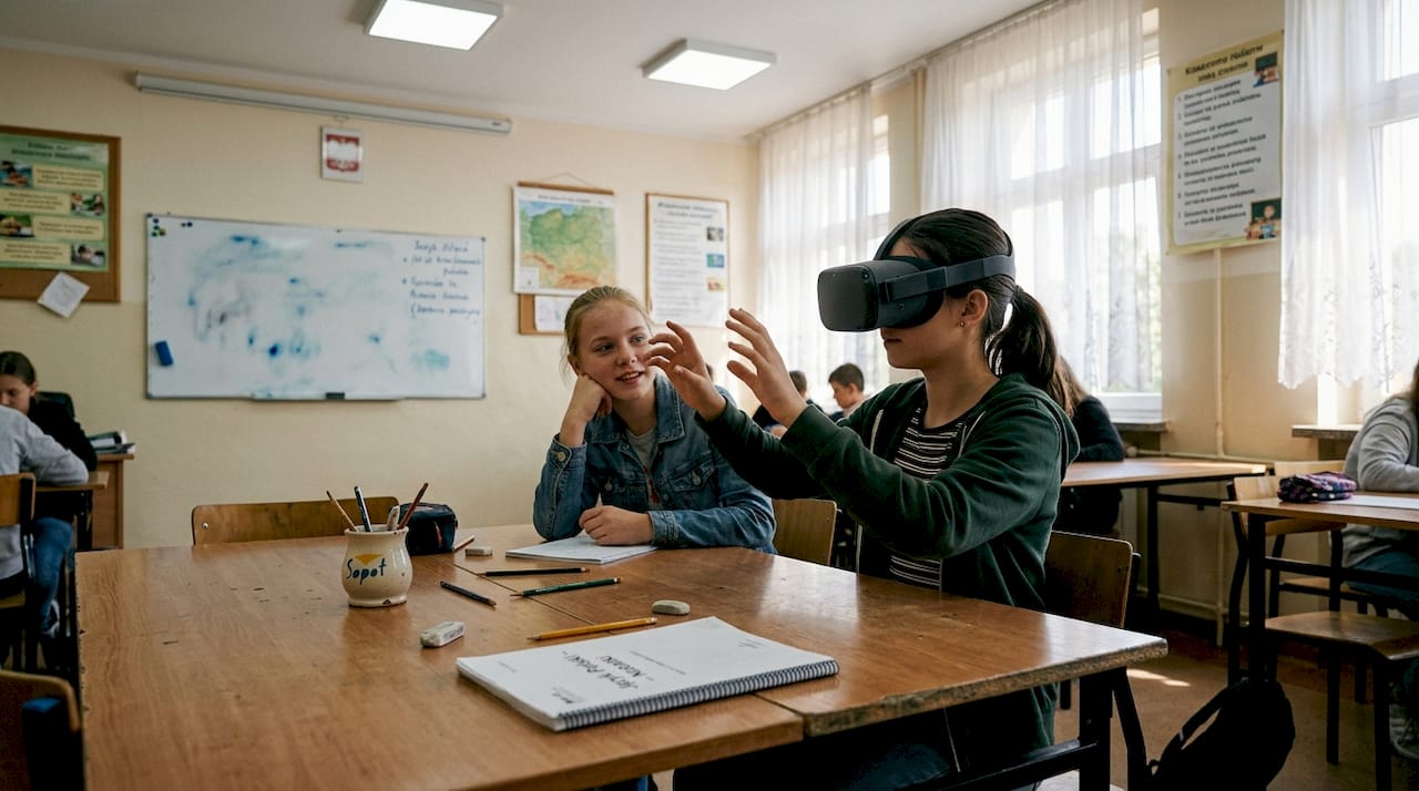 Uczniowie odkrywający możliwości wirtualnej rzeczywistości podczas zajęć w szkolnej klasie