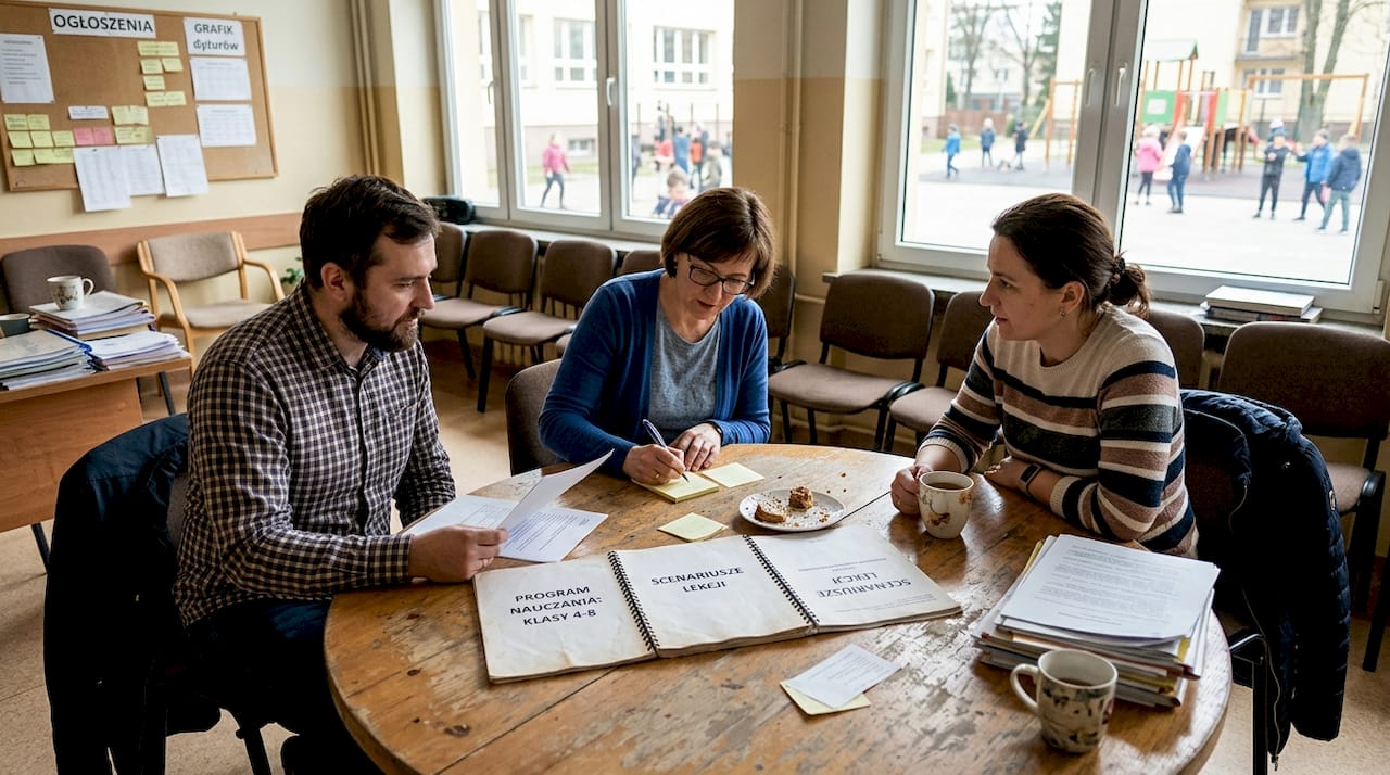 Nauczyciele spotykają się, aby omówić i porównać programy nauczania w swoich szkołach.