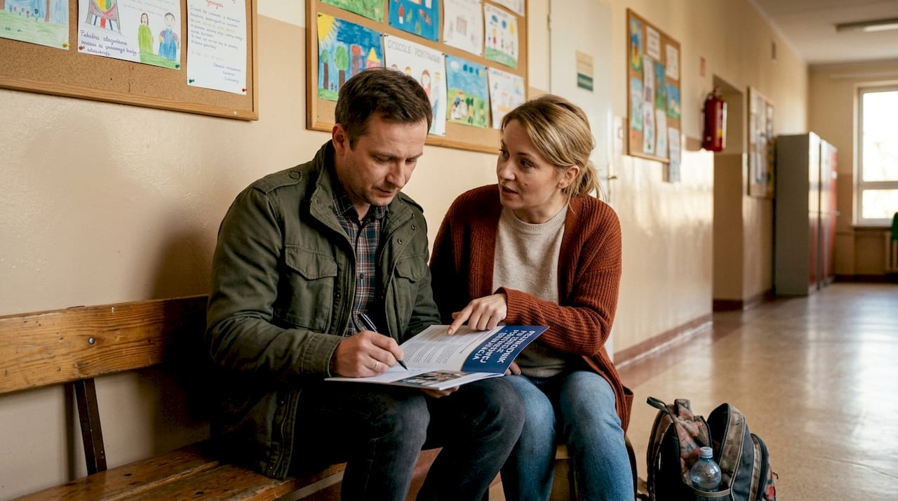 Rodzice wymieniają się opiniami na temat wyboru szkoły, rozmawiając ze sobą na korytarzu.