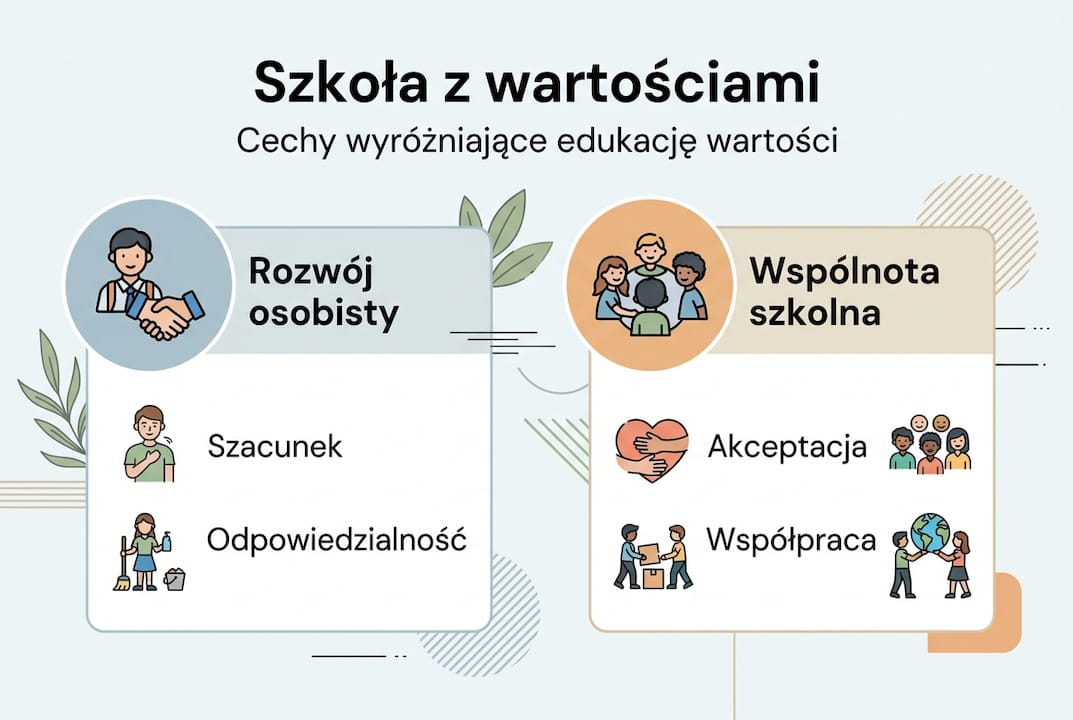 Infografika przedstawiająca najważniejsze cechy szkoły, która kieruje się wartościami