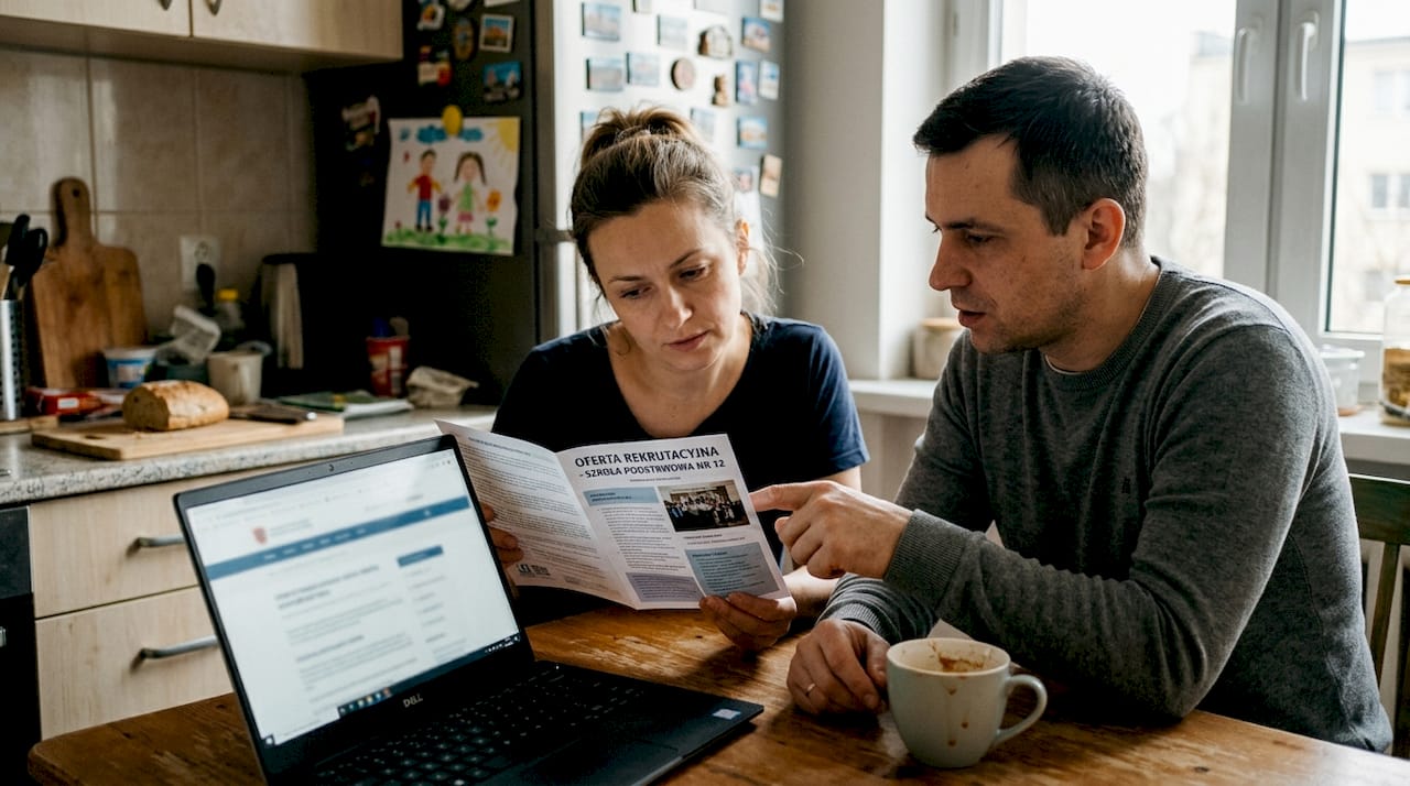 Rodzice omawiają wybór szkoły podczas rodzinnej rozmowy przy stole.