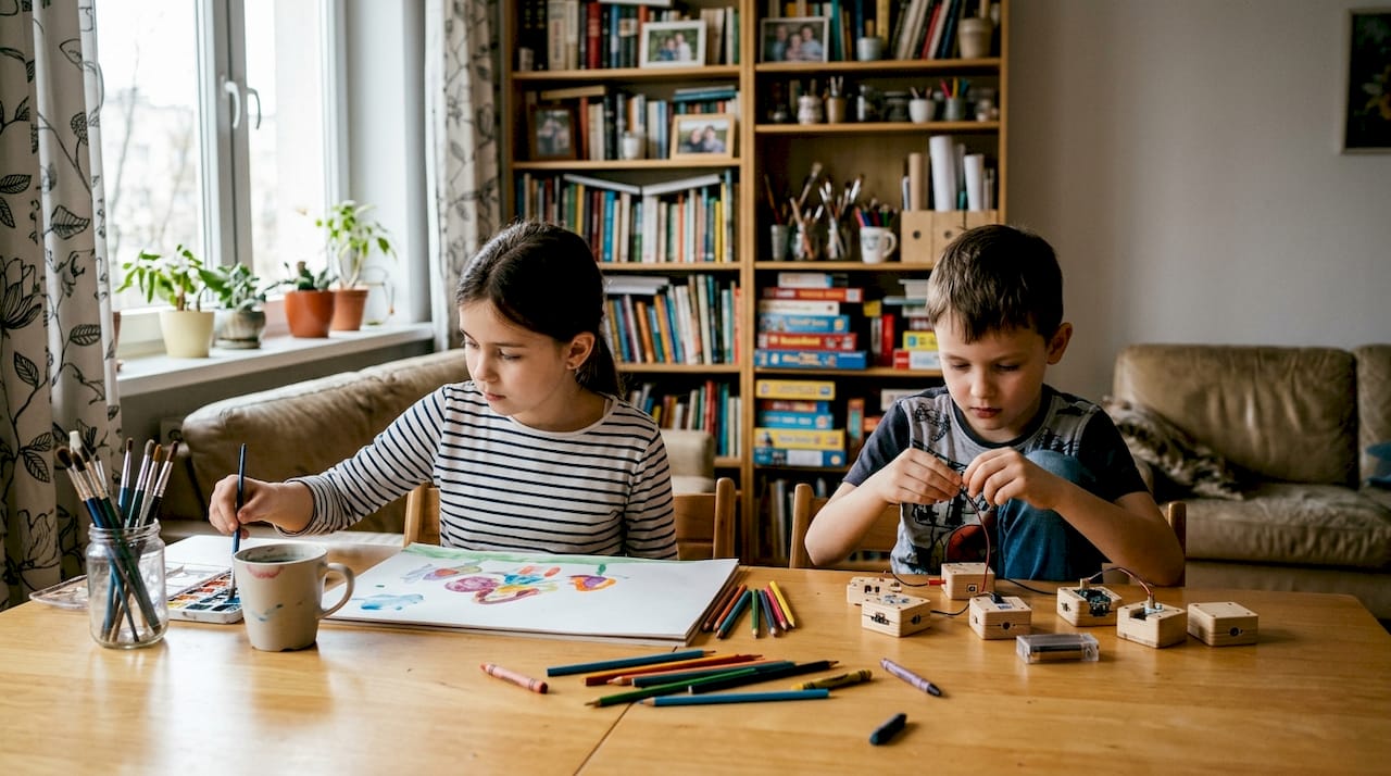 Przy stole dzieci wspólnie pracują nad kreatywnym projektem STEAM, angażując się w eksperymenty i zabawę.