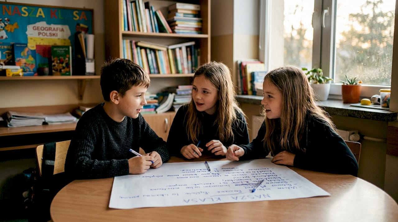 Uczniowie wspólnie realizują zadanie, siedząc razem przy jednym stole.