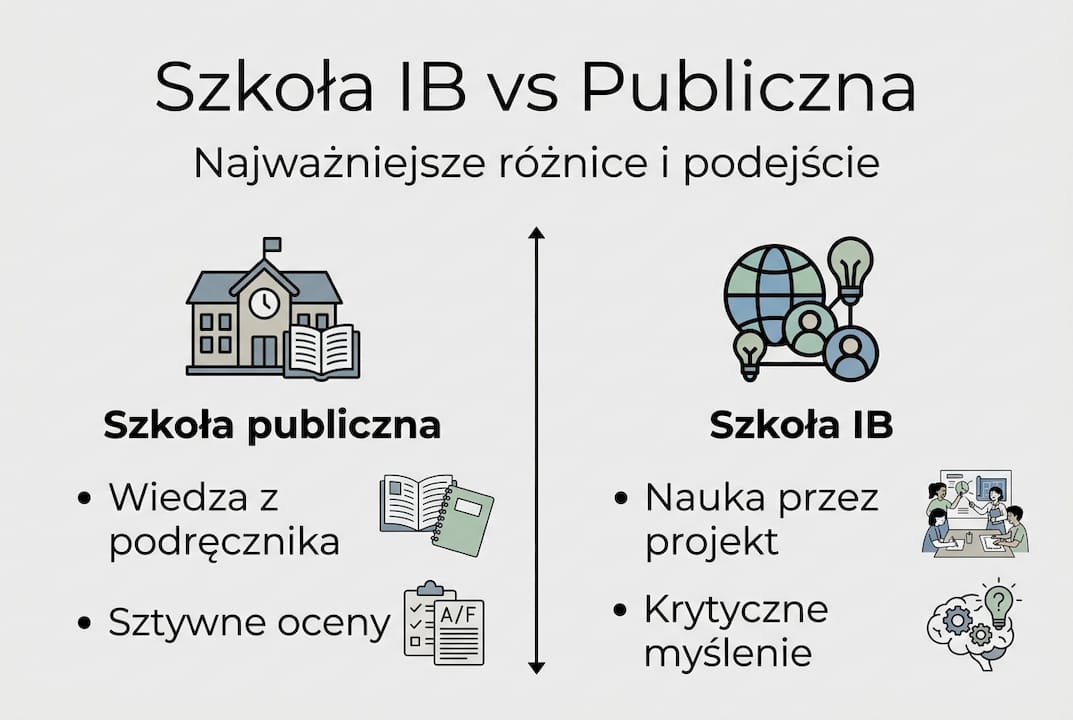 Infografika pokazująca różnice między szkołą IB a zwykłą szkołą publiczną