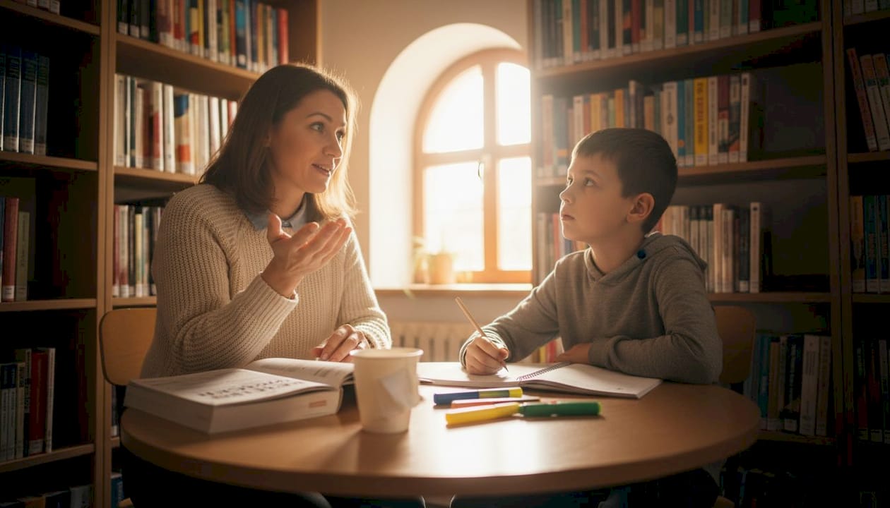 Nauczycielka prowadzi lekcję angielskiego z uczniem.