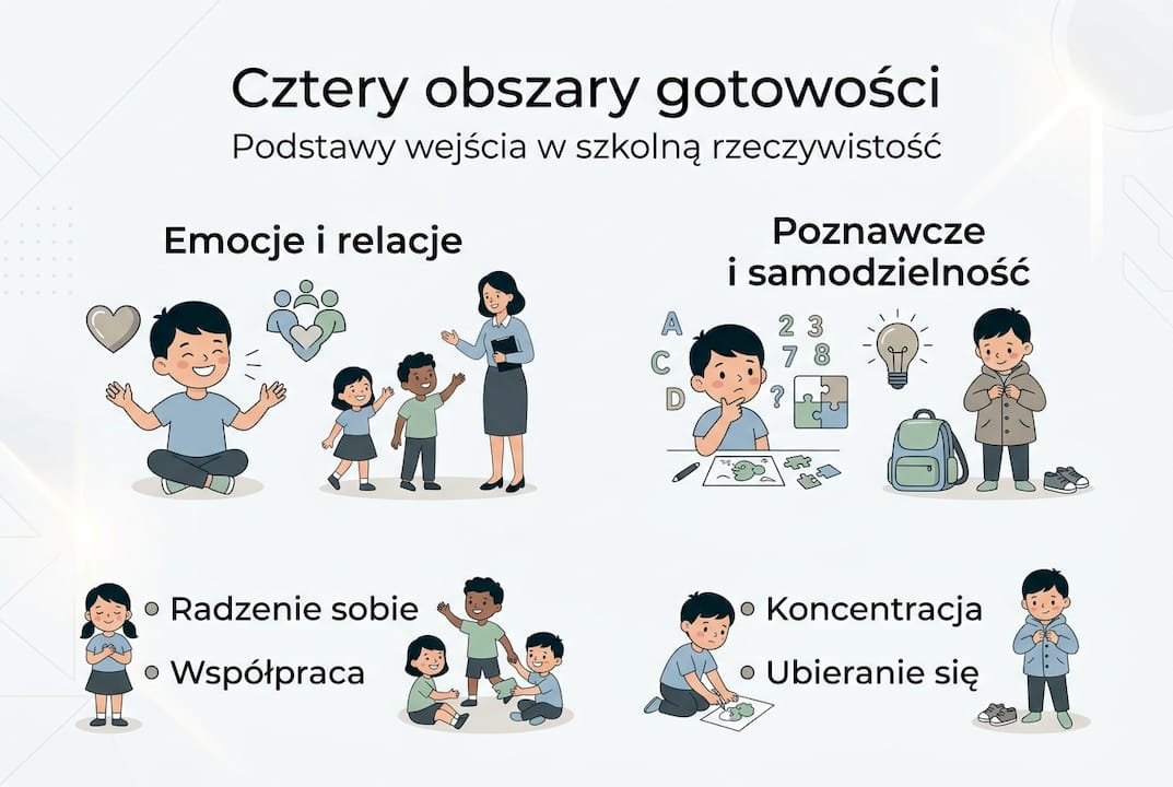 Infografika przedstawiająca kluczowe obszary gotowości dziecka do rozpoczęcia nauki w szkole