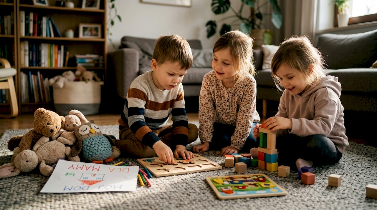 Dzieci wspólnie bawią się klockami w pokoju dziennym.
