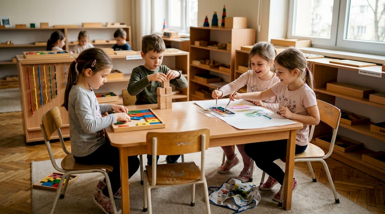 W sali Montessori dzieci skupione wykonują swoje zadania przy wspólnym stole.