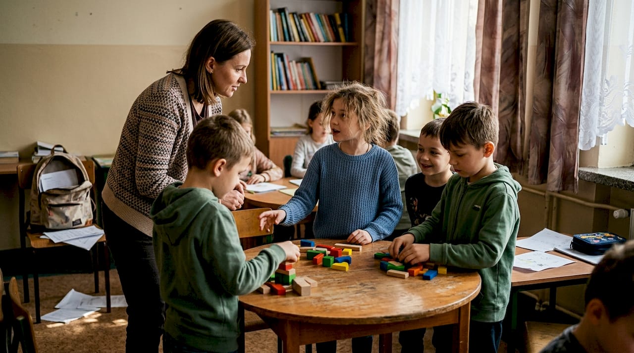 Nauczycielka siedzi z uczniami przy stole i prowadzi z nimi rozmowę.