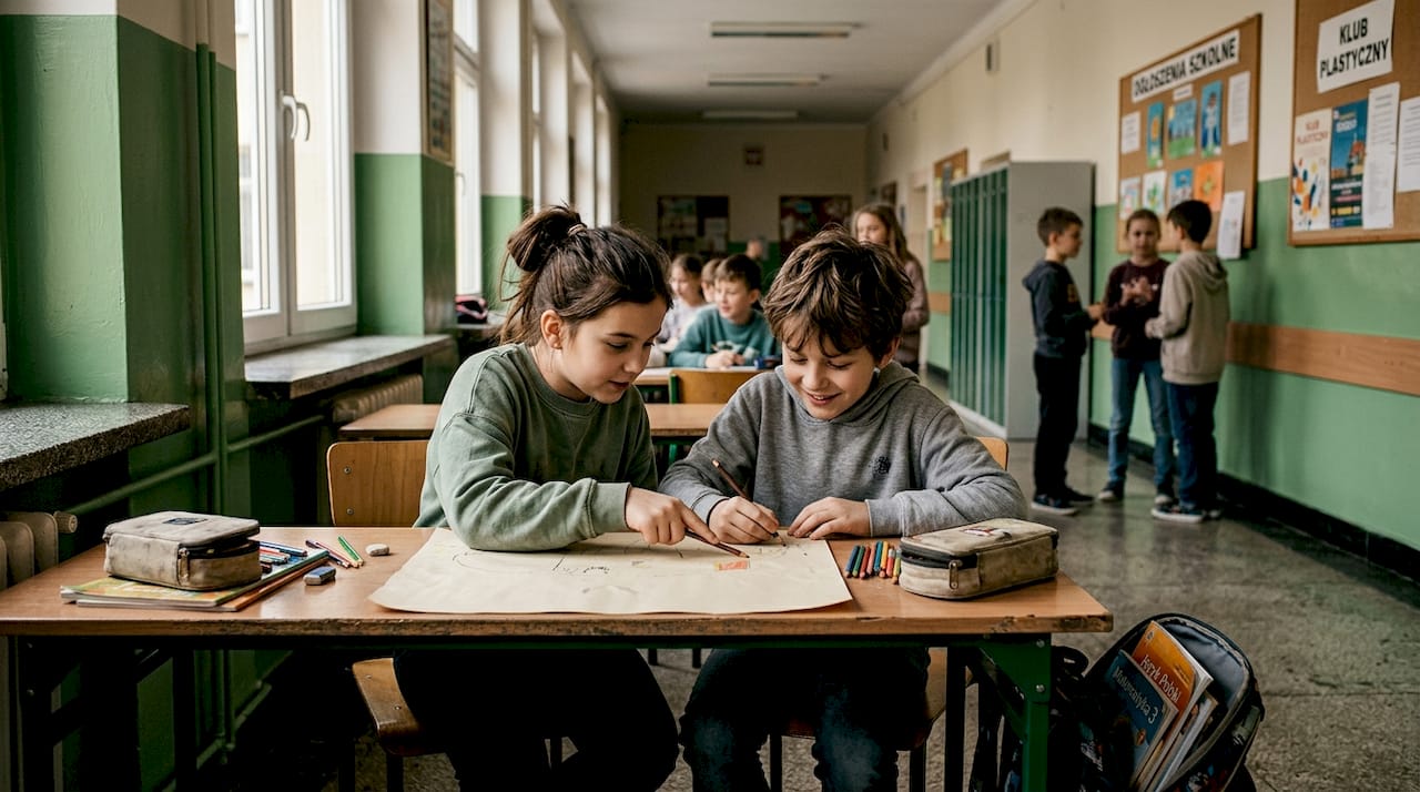 Dzieci wspólnie pracujące na szkolnym korytarzu