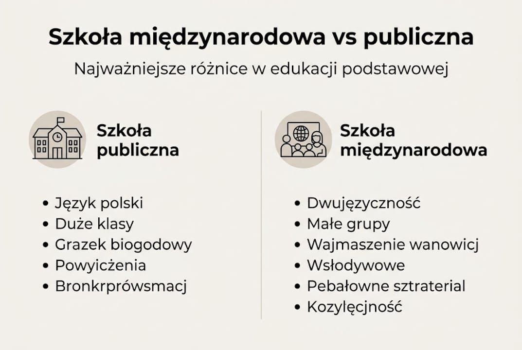 Porównanie szkoły międzynarodowej i publicznej w formie infografiki