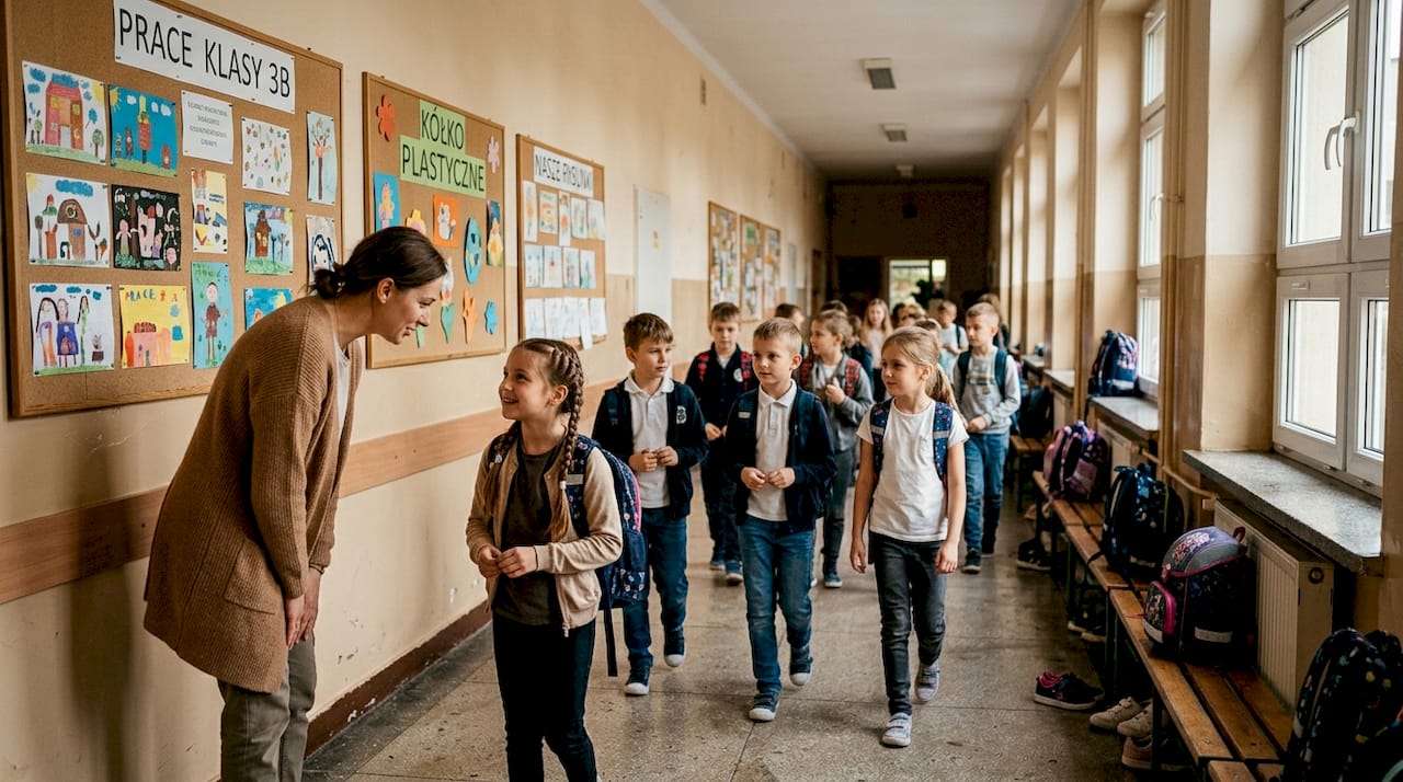 Uczniowie razem z nauczycielem spacerują po szkolnym korytarzu w podstawówce.