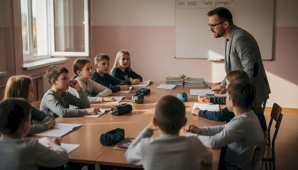 Nauczyciel rozmawia z uczniami małej klasy
