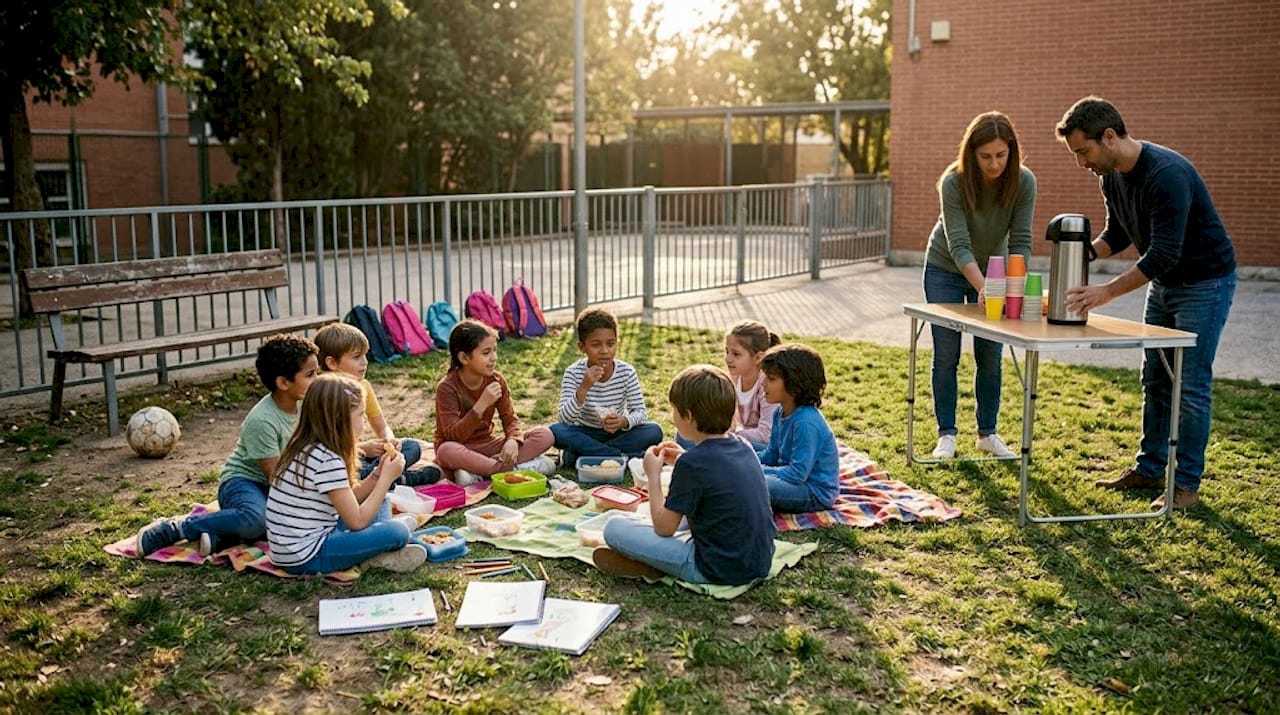 Grupa dzieci wspólnie zajada się przekąskami podczas szkolnego pikniku.