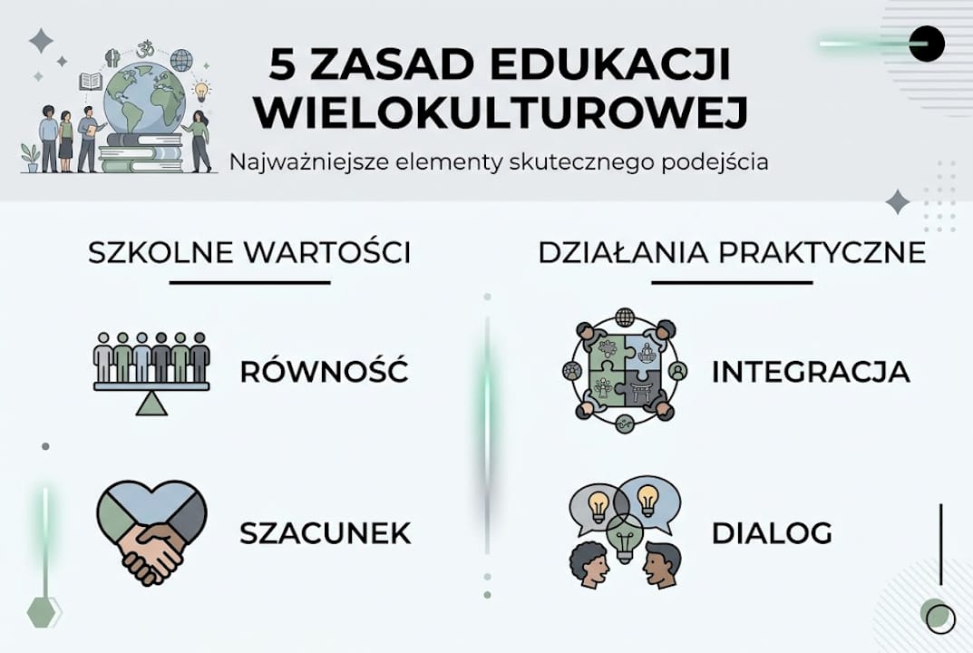 Infografika przedstawiająca najważniejsze zasady edukacji w środowisku wielokulturowym
