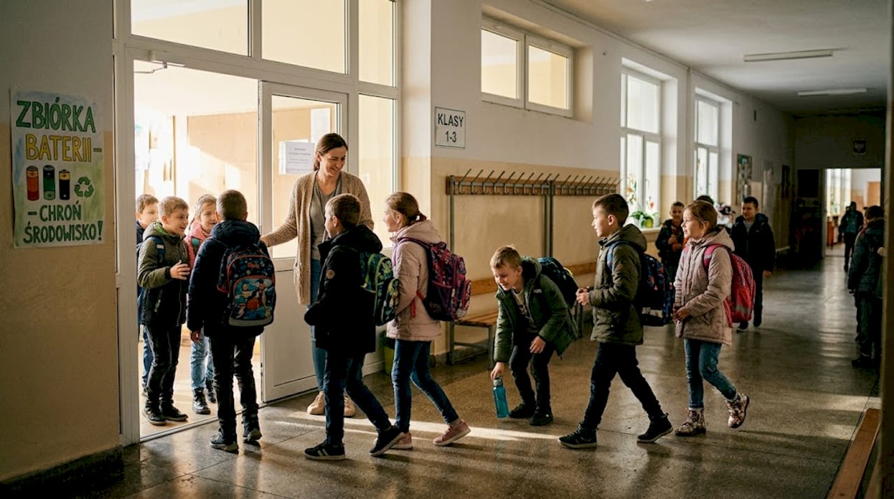 Uczniowie witają nauczyciela na początku dnia w szkole.