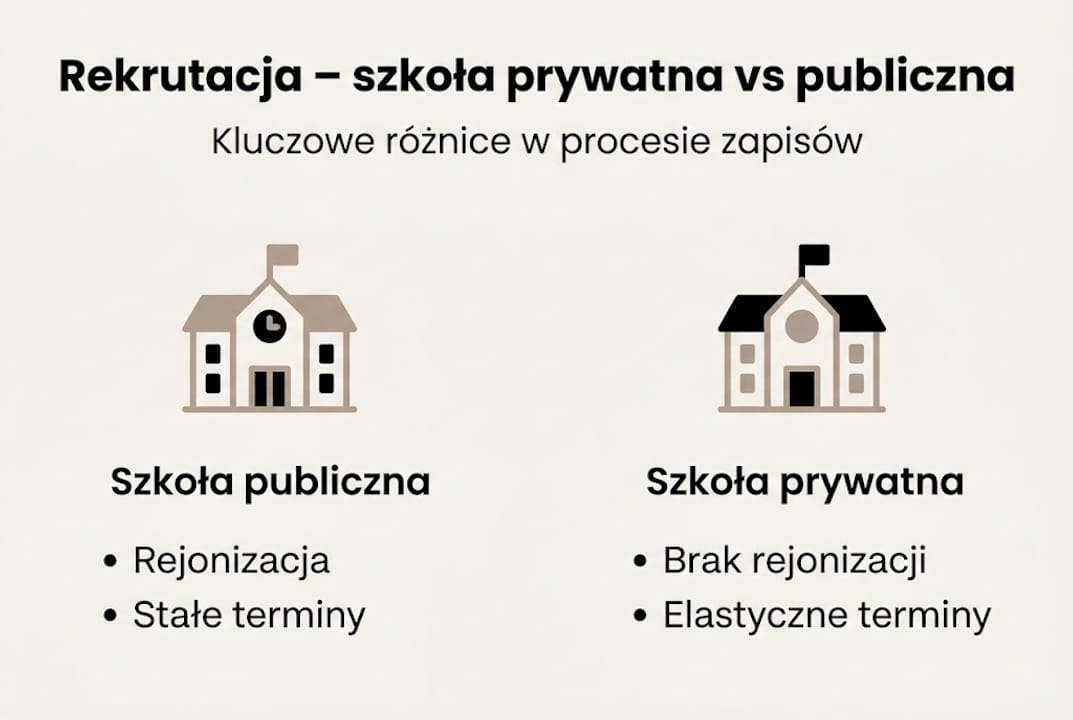 Grafika przedstawiająca zestawienie procesu rekrutacji w szkołach publicznych i prywatnych