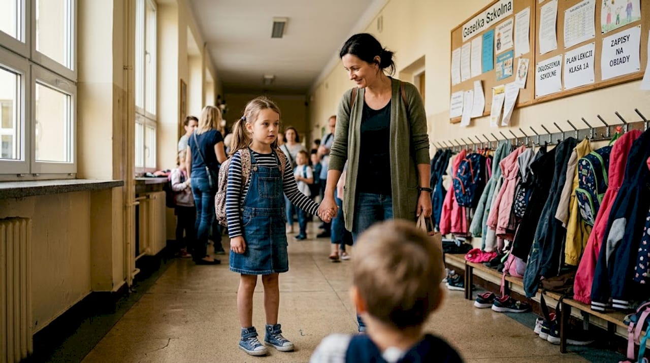Mama z córką stoją na szkolnym korytarzu w prywatnej placówce.