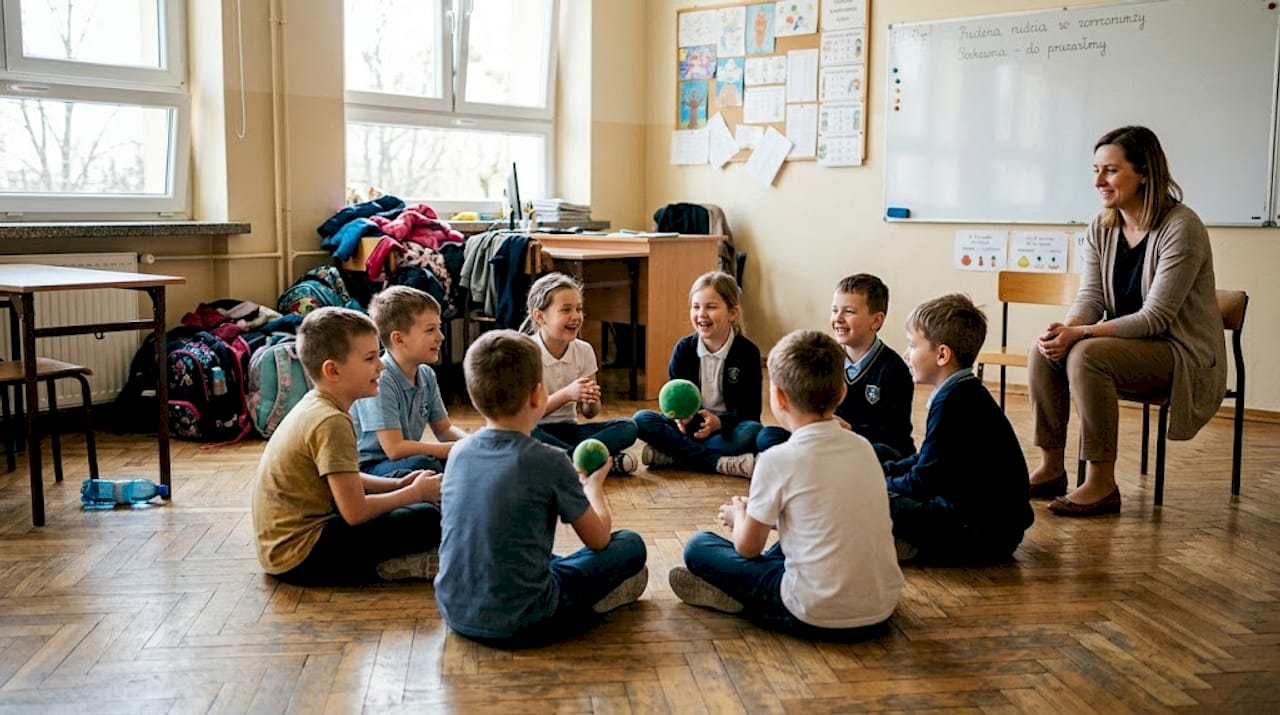 Uczniowie wspólnie bawią się w grę zespołową podczas lekcji.