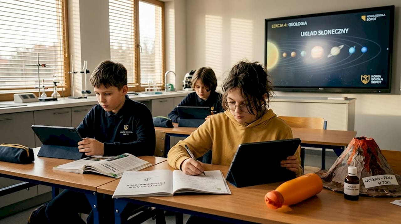 Uczniowie korzystają z tabletów podczas zajęć w pracowni przyrodniczej.