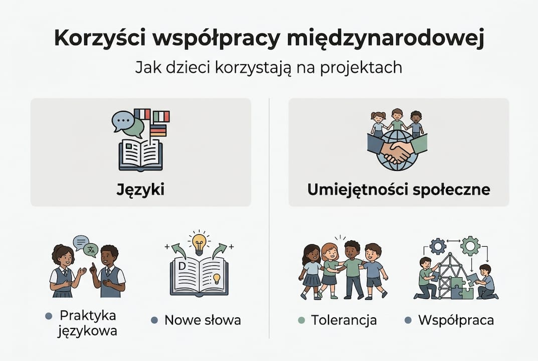 Infografika przedstawiająca kluczowe zalety współpracy międzynarodowej w środowisku szkolnym
