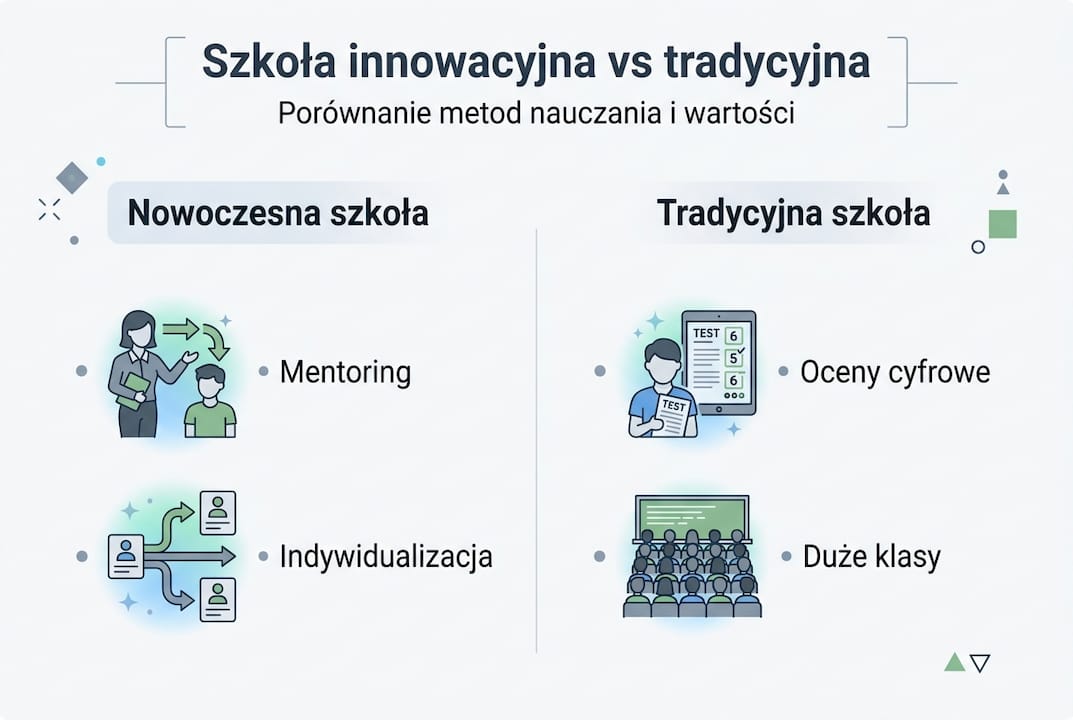 Infografika przedstawiająca różnice między współczesną a tradycyjną szkołą