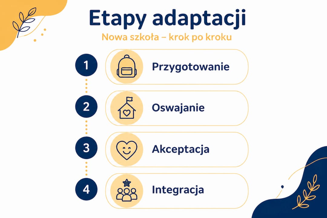 Infografika ilustrująca kolejne fazy, przez które przechodzi dziecko podczas procesu adaptacji