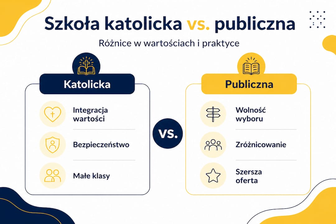 Infografika pokazująca różnice między szkołą katolicką a publiczną