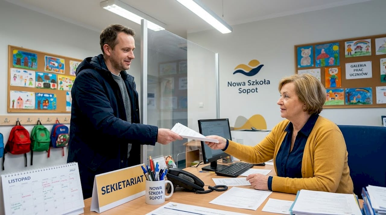 Rodzic składa dokumenty w sekretariacie szkoły.