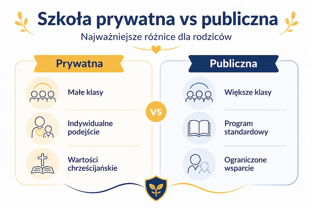 Infografika pokazująca różnice między szkołą publiczną a prywatną