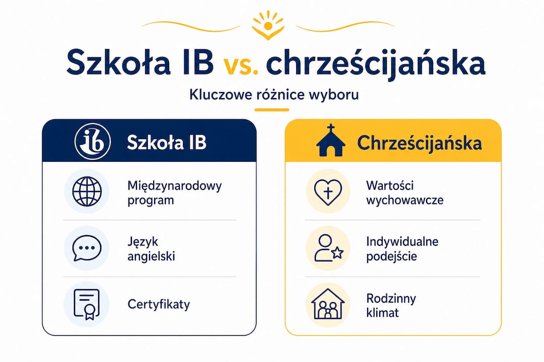 Porównawcza infografika przedstawiająca różnice między szkołami IB a placówkami chrześcijańskimi