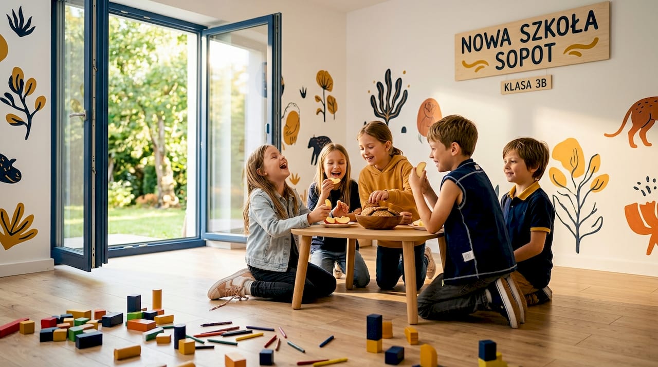 Podczas przerwy dzieci tłumnie zbierają się na szkolnym korytarzu, rozmawiają, śmieją się i wymieniają się nowinkami.