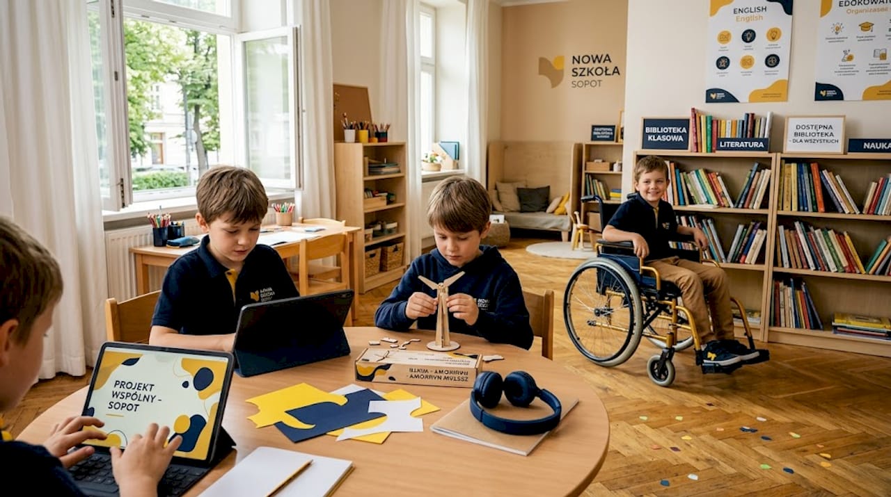 Przyjazna wszystkim uczniom sala lekcyjna, w której wykorzystuje się nowoczesne technologie oraz rozwiązania ułatwiające naukę osobom z różnymi potrzebami.