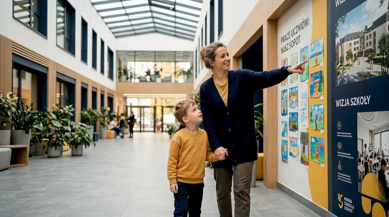 Mama oprowadza swoje dziecko po szkolnym korytarzu, pokazując mu kolejne zakamarki szkoły.